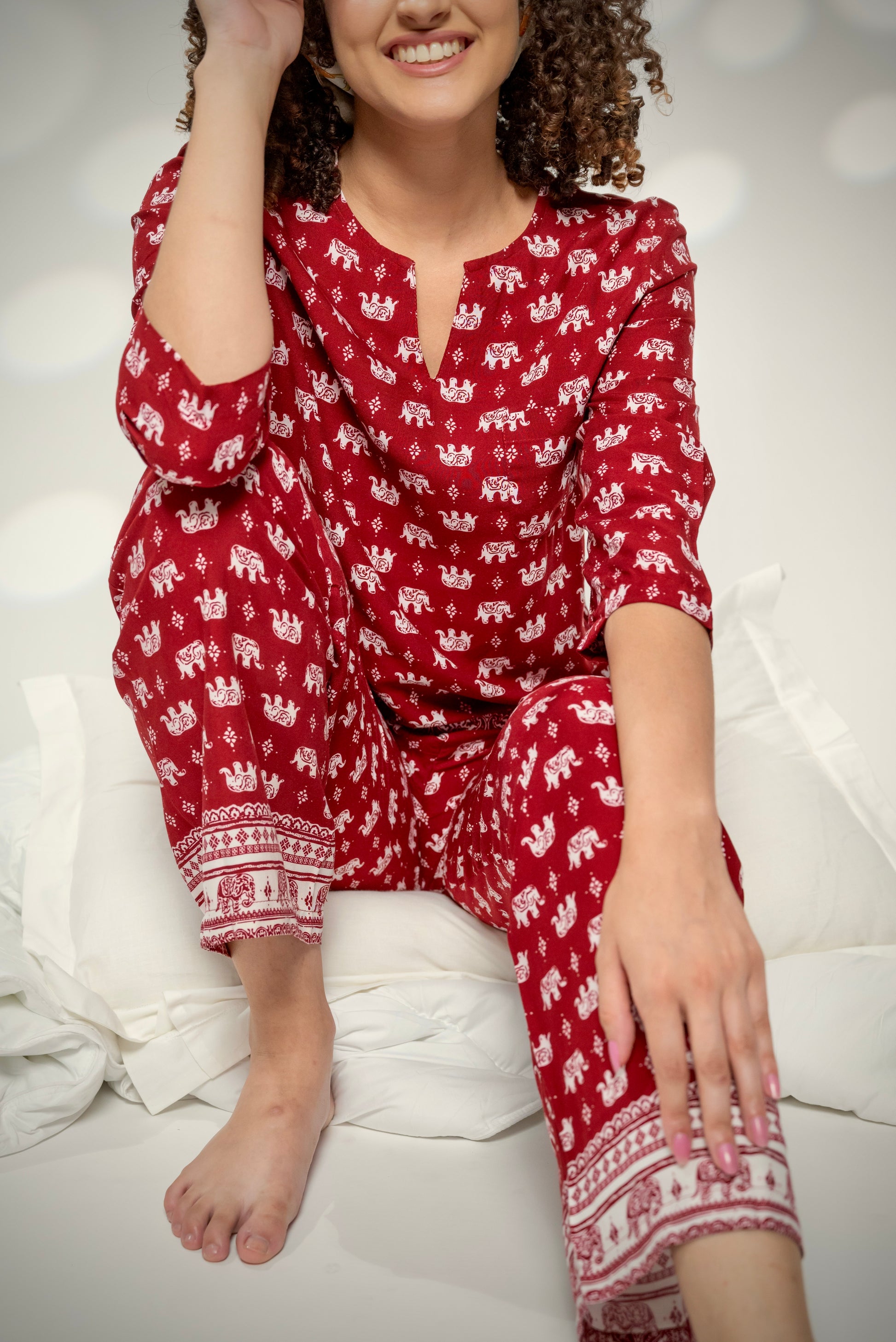 Trunk Tuck PJ's Rayon Cotton Crimson and White Elephants